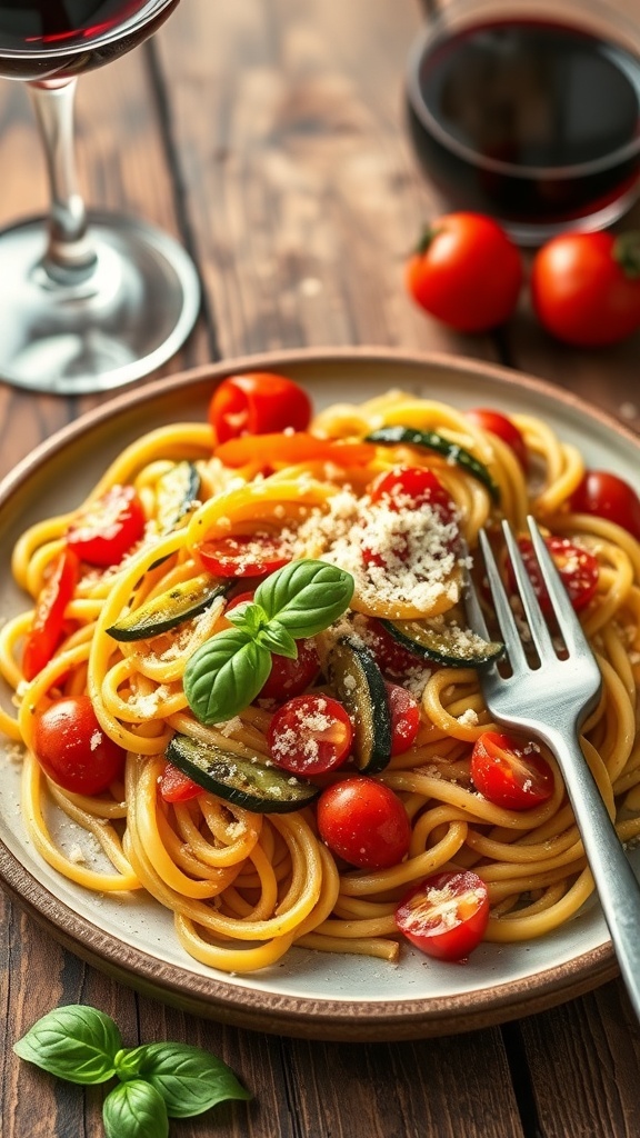 A colorful plate of pasta with vegetables and Parmesan cheese on a rustic table.